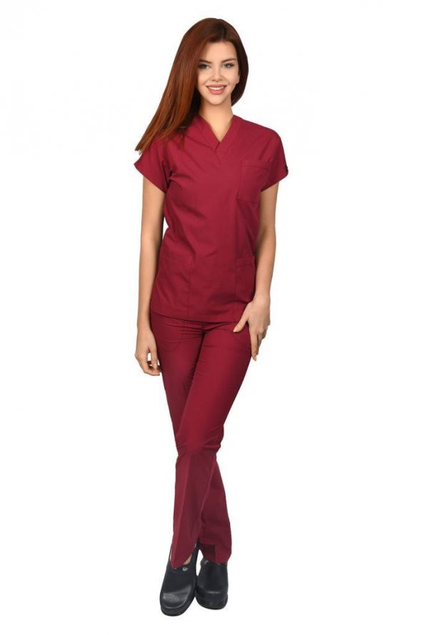 Kadın Doktor Hemşire Forması Scrubs Likralı Esnek Kumaş Hastane Nöbet Takımı (V Yaka Dr Greys)