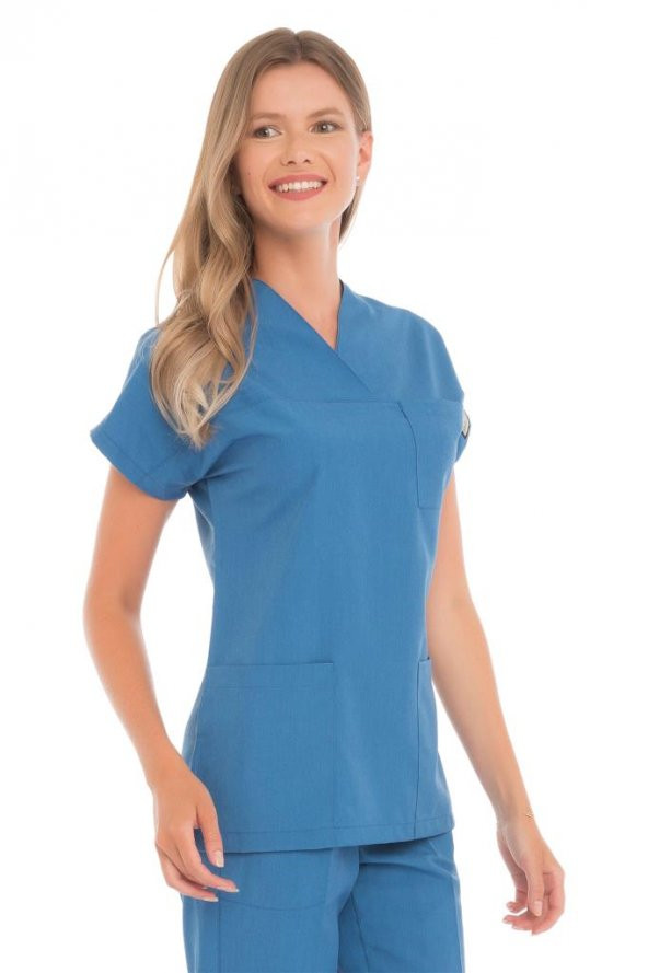 Kadın Doktor Hemşire Forması Scrubs Likralı Esnek Kumaş Hastane Nöbet Tek Üst (Zarf Yaka Yarasa Kol) - 3