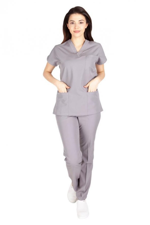 Kadın Doktor Hemşire Forması Scrubs Likralı Esnek Kumaş Hastane Nöbet Takımı (V Yaka Dr Greys) - 7