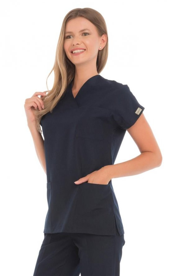 Kadın Doktor Hemşire Forması Scrubs Likralı Esnek Kumaş Hastane Nöbet Tek Üst (Zarf Yaka Yarasa Kol) - 5