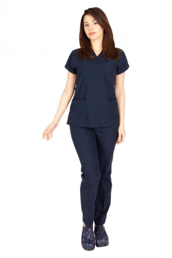 Kadın Doktor Hemşire Forması Scrubs Likralı Esnek Kumaş Hastane Nöbet Takımı (V Yaka Dr Greys) - 9