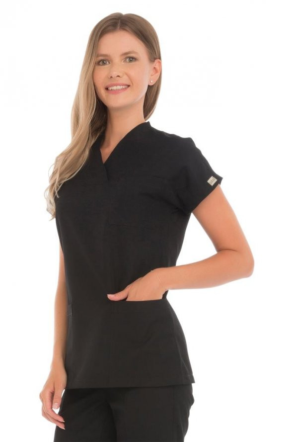 Kadın Doktor Hemşire Forması Scrubs Likralı Esnek Kumaş Hastane Nöbet Tek Üst (Zarf Yaka Yarasa Kol) - 7