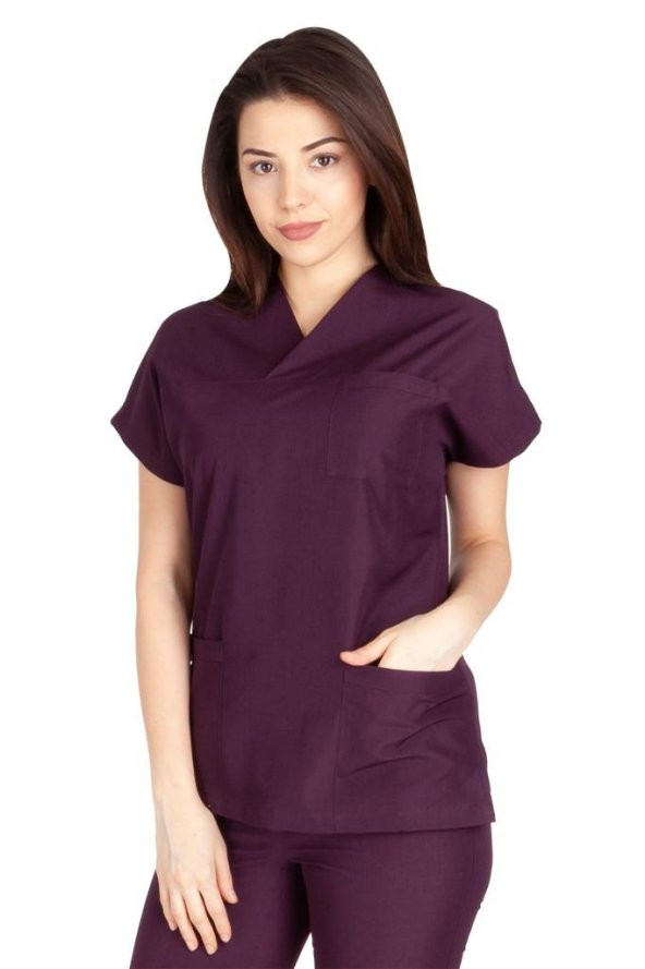 Kadın Doktor Hemşire Forması Scrubs Likralı Esnek Kumaş Hastane Nöbet Tek Üst (Zarf Yaka Yarasa Kol) - 8