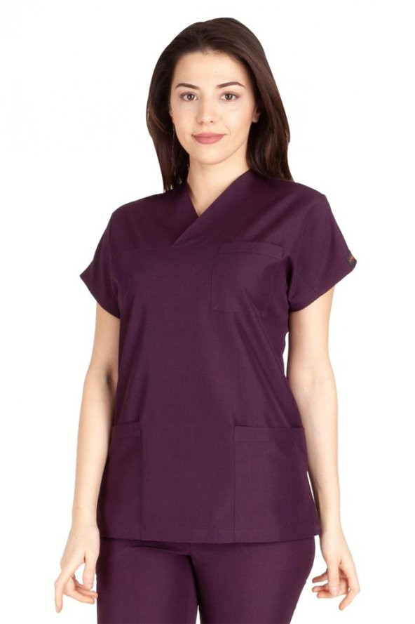 Kadın Doktor Hemşire Forması Scrubs Likralı Esnek Kumaş Hastane Nöbet Tek Üst (Zarf Yaka Yarasa Kol) - 9