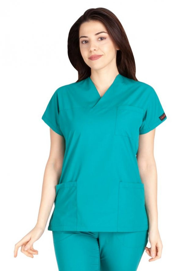 Kadın Doktor Hemşire Forması Scrubs Likralı Esnek Kumaş Hastane Nöbet Tek Üst (Zarf Yaka Yarasa Kol) - 10