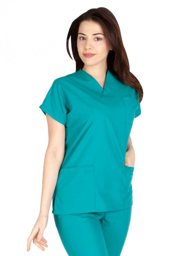 Kadın Doktor Hemşire Forması Scrubs Likralı Esnek Kumaş Hastane Nöbet Tek Üst (Zarf Yaka Yarasa Kol) - 11