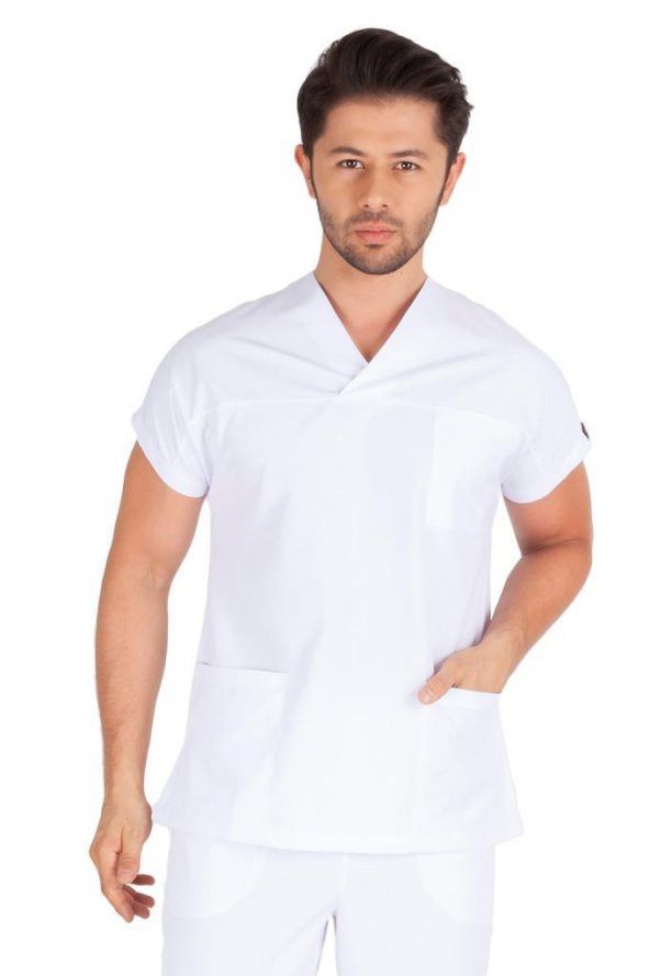 Erkek Doktor Hemşire Forması Scrubs Alpaka Kumaş Hastane Nöbet Tek Üst (Zarf Yaka Yarasa Kol)