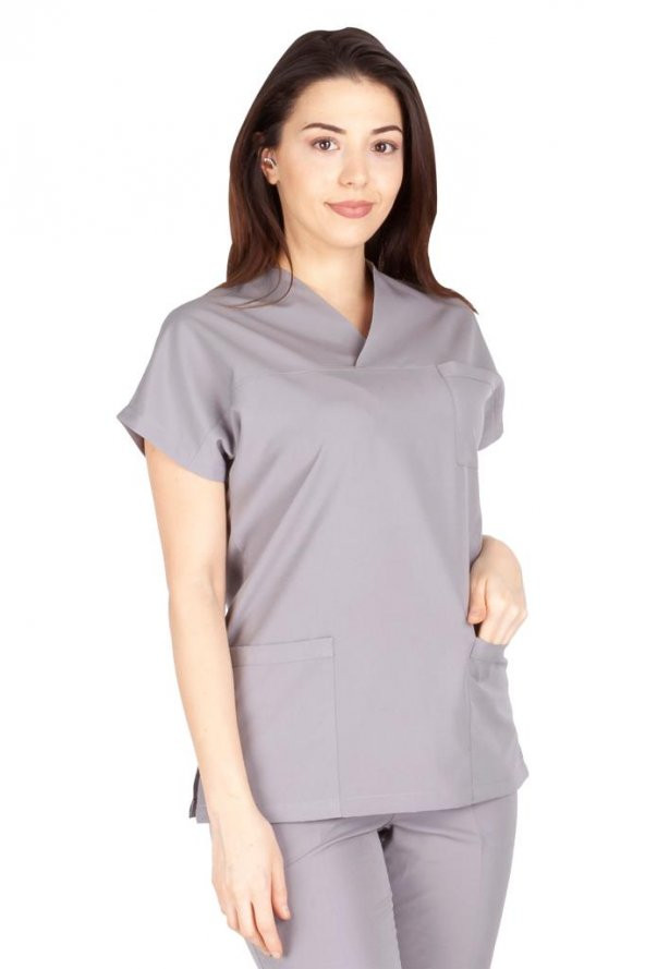 Kadın Doktor Hemşire Forması Scrubs Likralı Esnek Kumaş Hastane Nöbet Tek Üst (Zarf Yaka Yarasa Kol) - 12