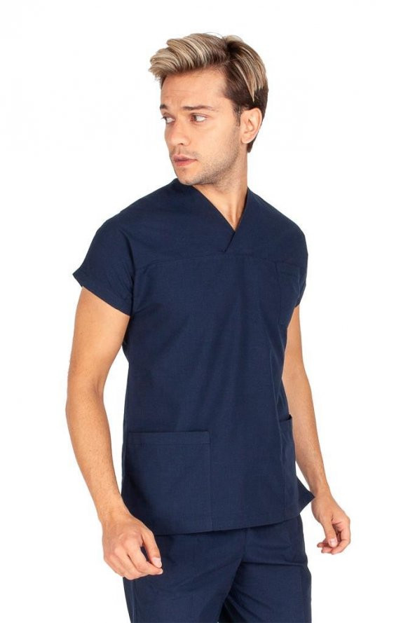 Erkek Doktor Hemşire Forması Scrubs Alpaka Kumaş Hastane Nöbet Tek Üst (Zarf Yaka Yarasa Kol) - 2