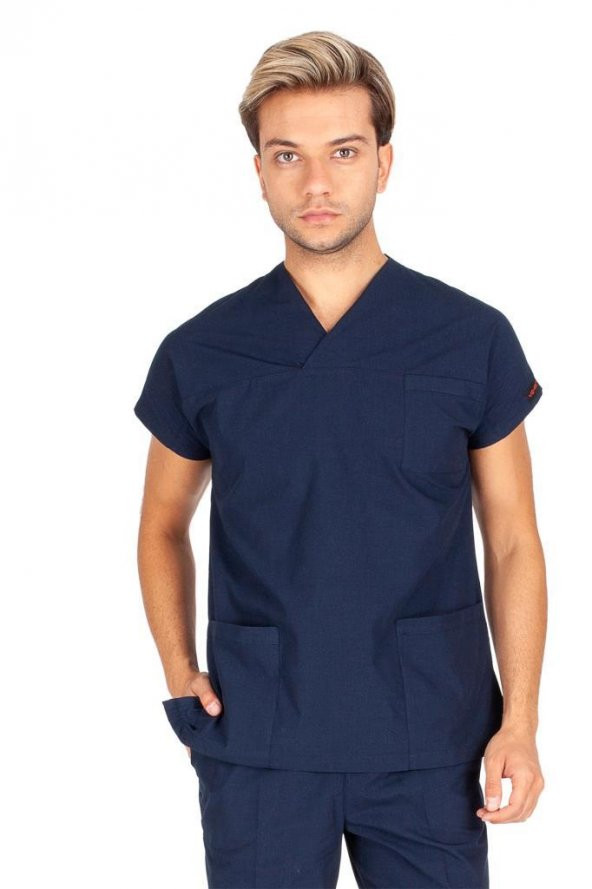 Erkek Doktor Hemşire Forması Scrubs Alpaka Kumaş Hastane Nöbet Tek Üst (Zarf Yaka Yarasa Kol) - 3