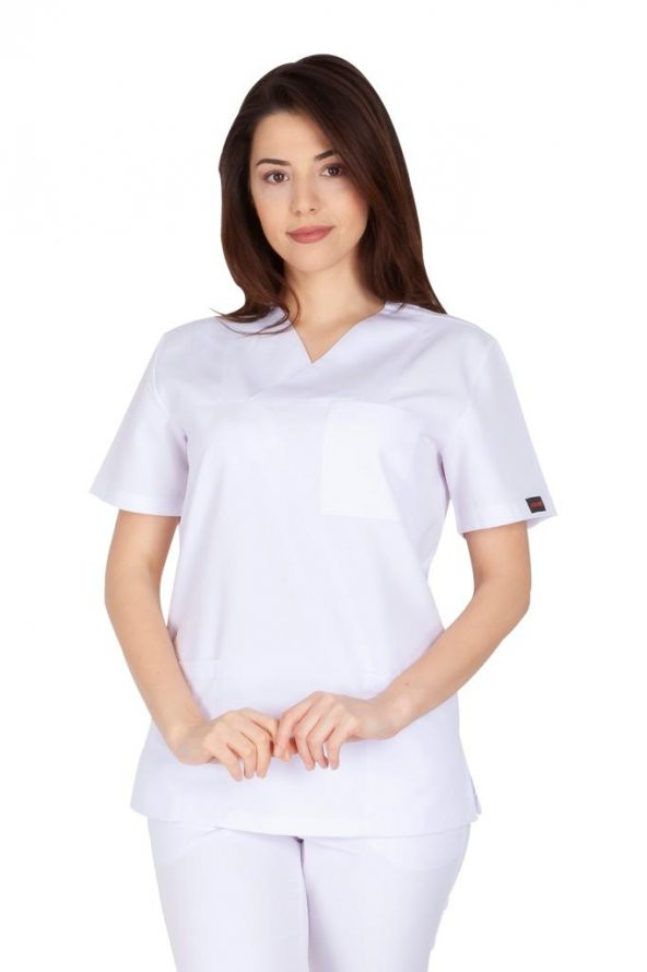 Kadın Doktor Hemşire Forması Scrubs Alpaka Kumaş Hastane Nöbet Tek Üst (Zarf Yaka Klasik Kol) - 4