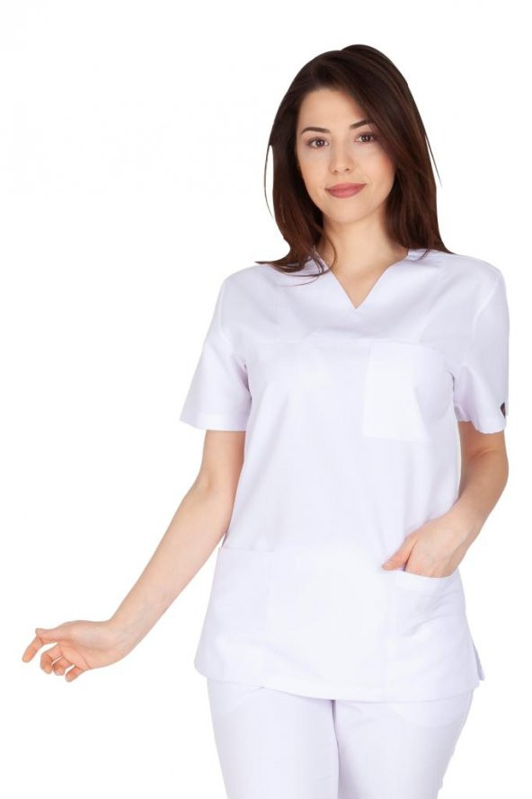 Kadın Doktor Hemşire Forması Scrubs Alpaka Kumaş Hastane Nöbet Tek Üst (Zarf Yaka Klasik Kol) - 5