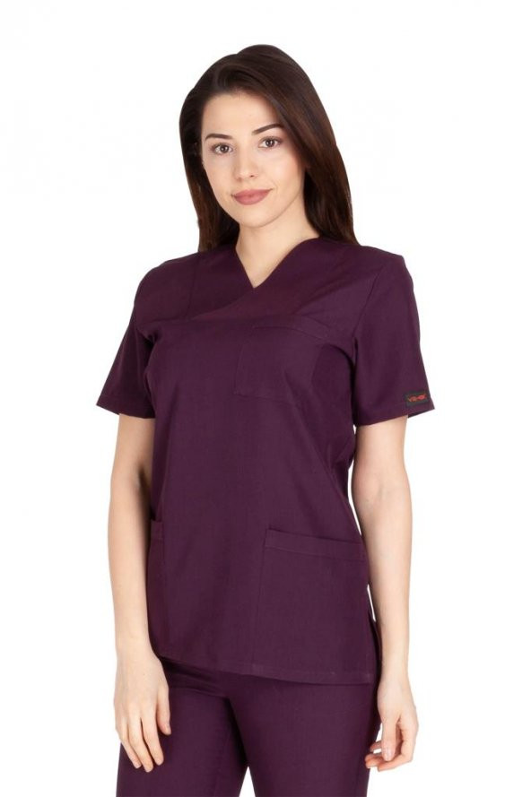 Kadın Doktor Hemşire Forması Scrubs Alpaka Kumaş Hastane Nöbet Tek Üst (Zarf Yaka Klasik Kol) - 6