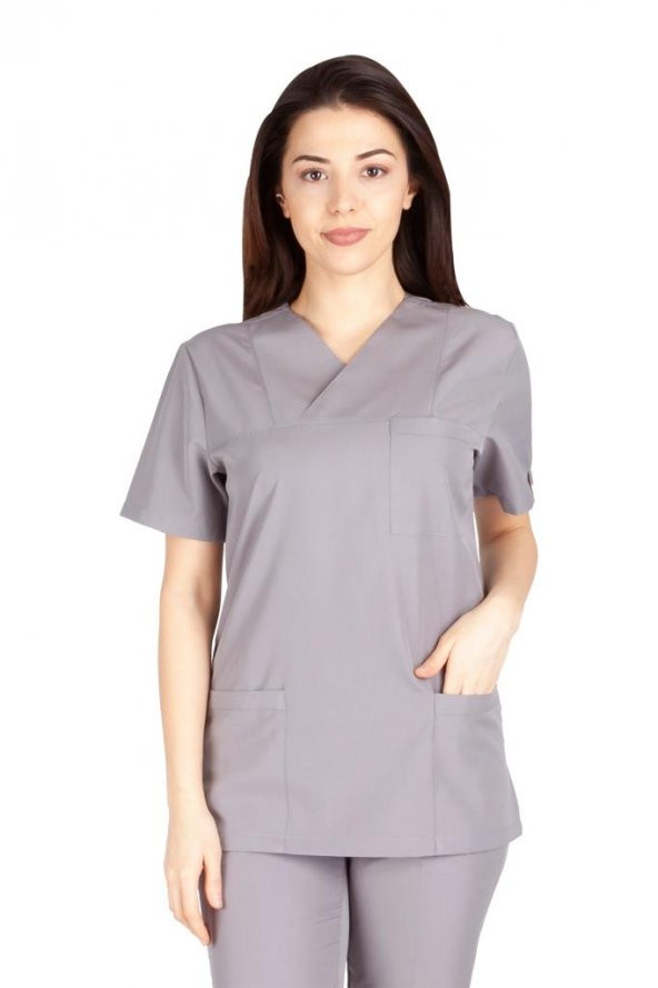 Kadın Doktor Hemşire Forması Scrubs Alpaka Kumaş Hastane Nöbet Tek Üst (Zarf Yaka Klasik Kol) - 8