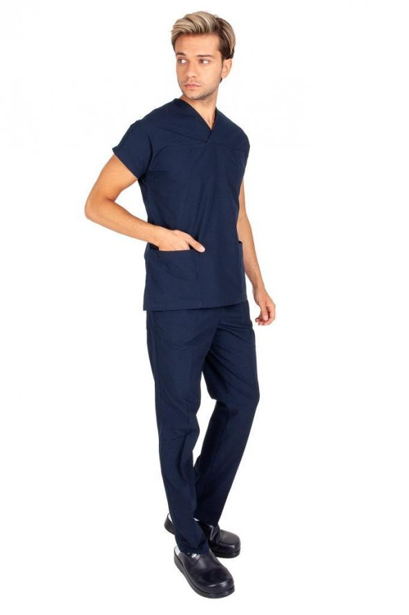 Erkek Doktor Hemşire Forması Scrubs Alpaka Kumaş Hastane Nöbet Takımı (Zarf Yaka Yarasa Kol) - 4
