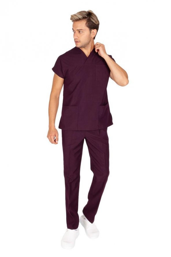 Erkek Doktor Hemşire Forması Scrubs Alpaka Kumaş Hastane Nöbet Takımı (Zarf Yaka Yarasa Kol) - 5