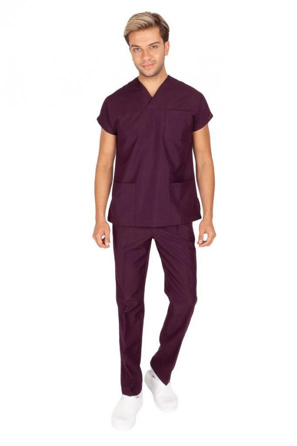Erkek Doktor Hemşire Forması Scrubs Alpaka Kumaş Hastane Nöbet Takımı (Zarf Yaka Yarasa Kol) - 6
