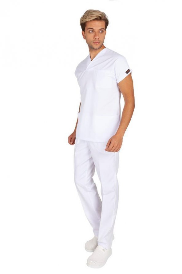 Erkek Doktor Hemşire Forması Scrubs Alpaka Kumaş Hastane Nöbet Takımı (Zarf Yaka Yarasa Kol) - 7