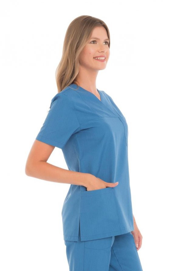 Kadın Doktor Hemşire Forması Scrubs Alpaka Kumaş Hastane Nöbet Tek Üst (Zarf Yaka Klasik Kol) - 12