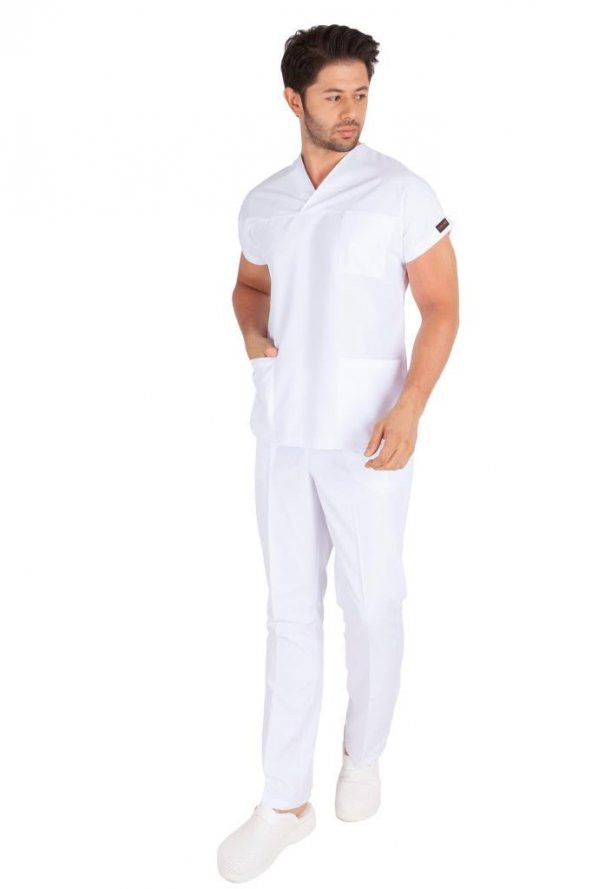 Erkek Doktor Hemşire Forması Scrubs Alpaka Kumaş Hastane Nöbet Takımı (Zarf Yaka Yarasa Kol) - 8