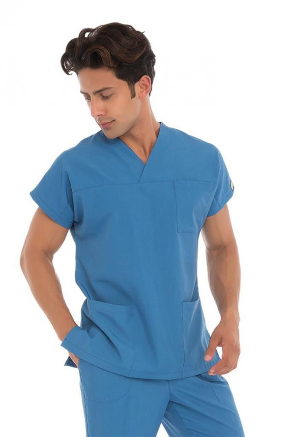 Erkek Doktor Hemşire Forması Scrubs Terikoton İnce Kumaş Hastane Nöbet Tek Üst (Zarf Yaka Yarasa Kol) - 7