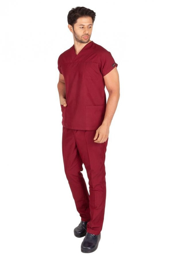 Erkek Doktor Hemşire Forması Scrubs Alpaka Kumaş Hastane Nöbet Takımı (Zarf Yaka Yarasa Kol) - 10