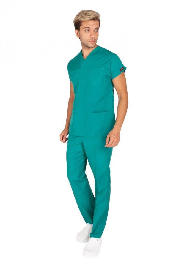 Erkek Doktor Hemşire Forması Scrubs Alpaka Kumaş Hastane Nöbet Takımı (Zarf Yaka Yarasa Kol) - 11