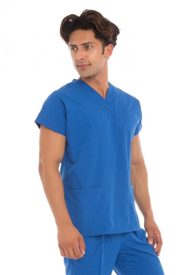 Erkek Doktor Hemşire Forması Scrubs Terikoton İnce Kumaş Hastane Nöbet Tek Üst (Zarf Yaka Yarasa Kol) - 8