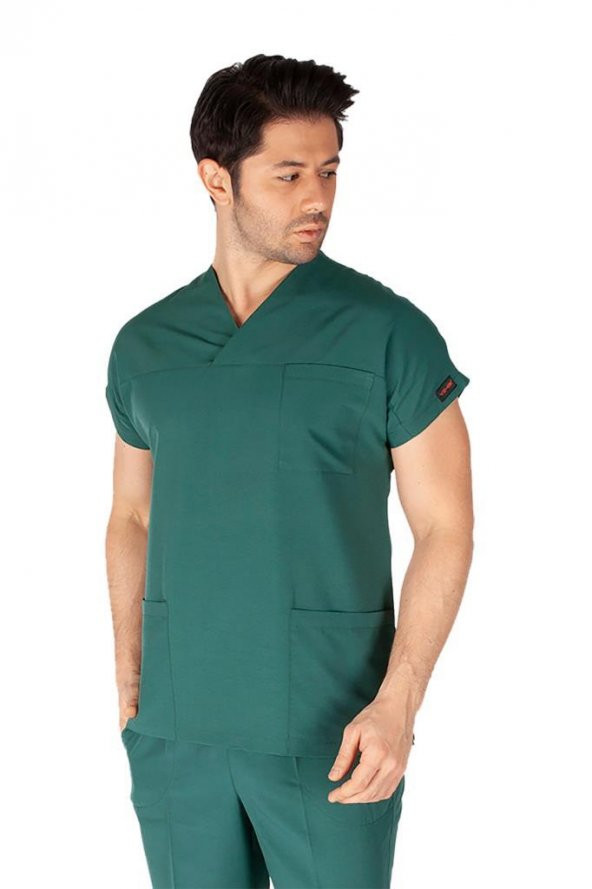 Erkek Doktor Hemşire Forması Scrubs Terikoton İnce Kumaş Hastane Nöbet Tek Üst (Zarf Yaka Yarasa Kol) - 9
