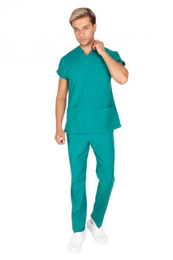 Erkek Doktor Hemşire Forması Scrubs Alpaka Kumaş Hastane Nöbet Takımı (Zarf Yaka Yarasa Kol) - 12