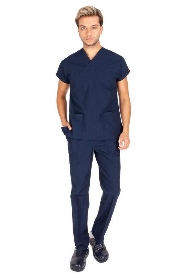Erkek Doktor Hemşire Forması Scrubs Alpaka Kumaş Hastane Nöbet Takımı (Zarf Yaka Yarasa Kol) - 3