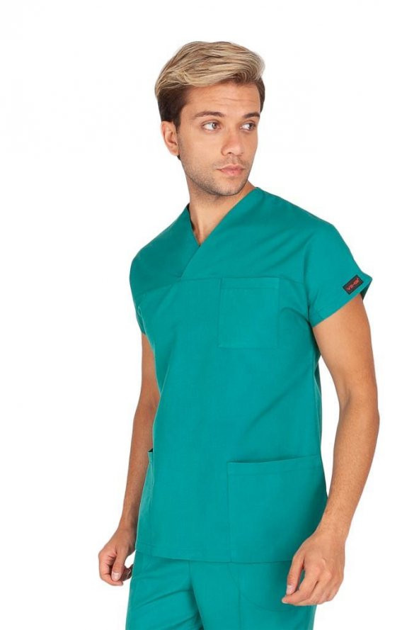 Erkek Doktor Hemşire Forması Scrubs Terikoton İnce Kumaş Hastane Nöbet Tek Üst (Zarf Yaka Yarasa Kol) - 6