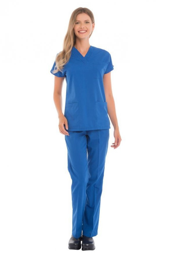 Kadın Doktor Hemşire Forması Scrubs Terikoton İnce Kumaş Hastane Nöbet Takımı (V Yaka Dr Greys)