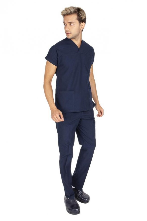 Erkek Doktor Hemşire Forması Scrubs Likralı Esnek Kumaş Hastane Nöbet Takımı (Zarf Yaka Yarasa Kol) - 2