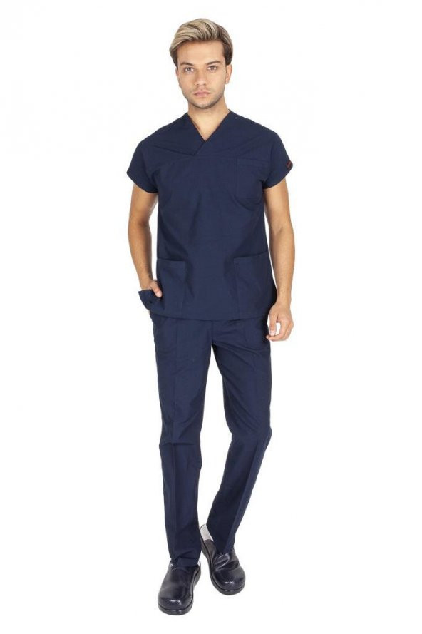 Erkek Doktor Hemşire Forması Scrubs Likralı Esnek Kumaş Hastane Nöbet Takımı (Zarf Yaka Yarasa Kol) - 3