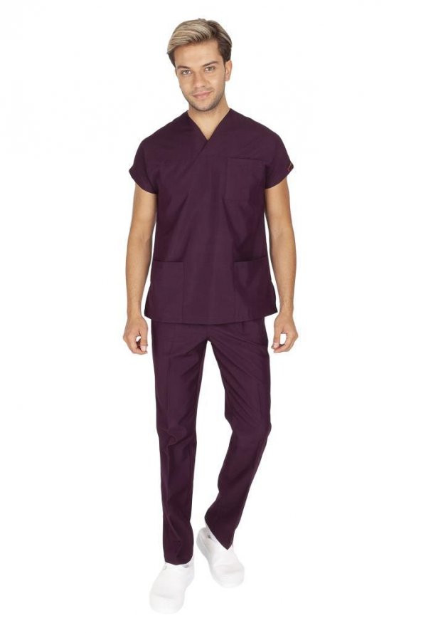 Erkek Doktor Hemşire Forması Scrubs Likralı Esnek Kumaş Hastane Nöbet Takımı (Zarf Yaka Yarasa Kol) - 5