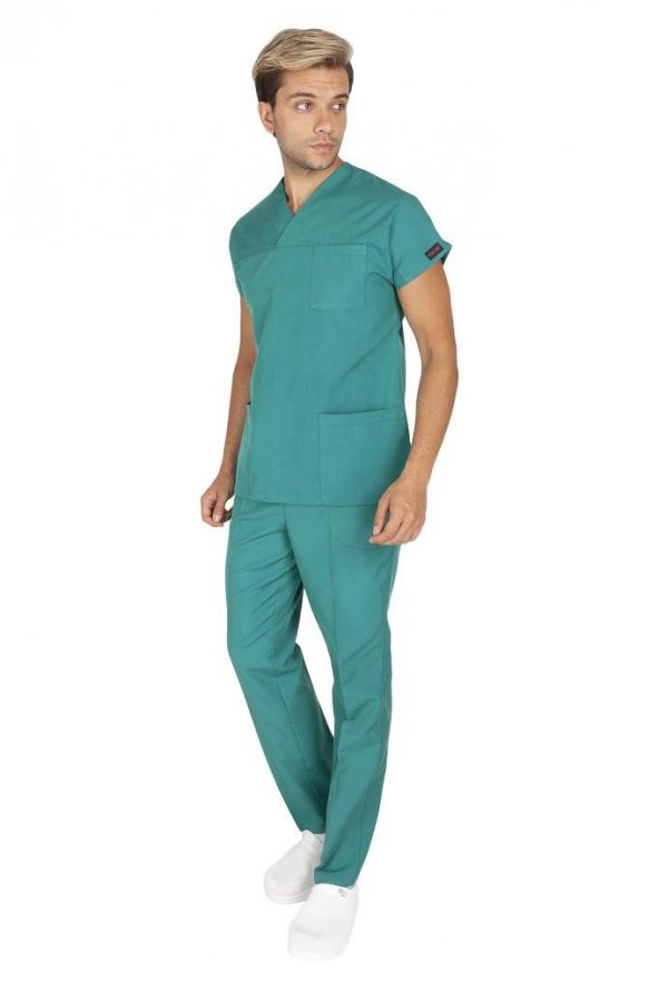 Erkek Doktor Hemşire Forması Scrubs Likralı Esnek Kumaş Hastane Nöbet Takımı (Zarf Yaka Yarasa Kol) - 6