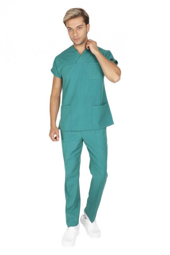 Erkek Doktor Hemşire Forması Scrubs Likralı Esnek Kumaş Hastane Nöbet Takımı (Zarf Yaka Yarasa Kol) - 7