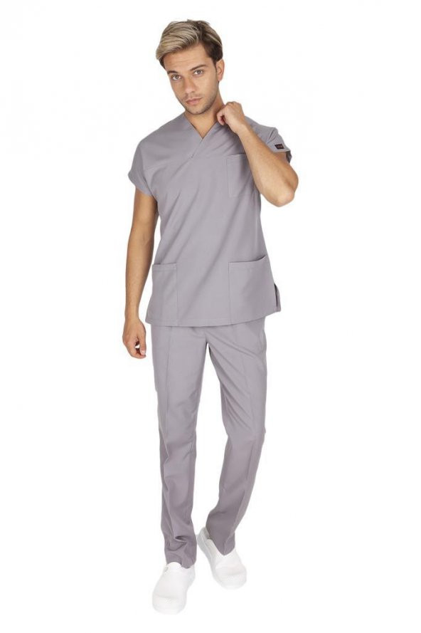 Erkek Doktor Hemşire Forması Scrubs Likralı Esnek Kumaş Hastane Nöbet Takımı (Zarf Yaka Yarasa Kol) - 8