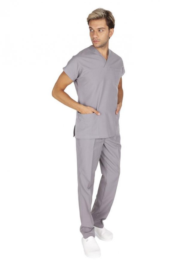 Erkek Doktor Hemşire Forması Scrubs Likralı Esnek Kumaş Hastane Nöbet Takımı (Zarf Yaka Yarasa Kol) - 9