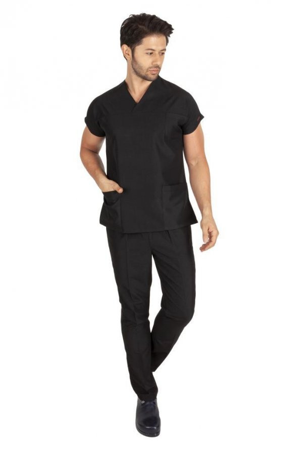 Erkek Doktor Hemşire Forması Scrubs Likralı Esnek Kumaş Hastane Nöbet Takımı (Zarf Yaka Yarasa Kol) - 10