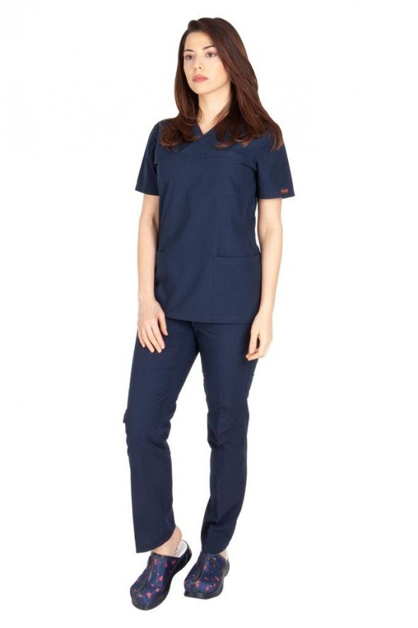 Kadın Doktor Hemşire Forması Scrubs Alpaka Kumaş Hastane Nöbet Takımı (Zarf Yaka Klasik Kol) - 3