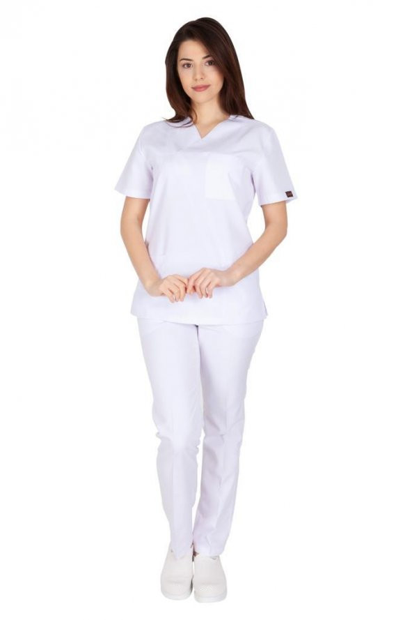 Kadın Doktor Hemşire Forması Scrubs Alpaka Kumaş Hastane Nöbet Takımı (Zarf Yaka Klasik Kol) - 4