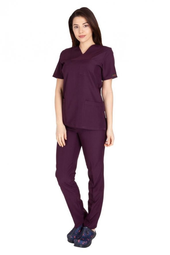 Kadın Doktor Hemşire Forması Scrubs Alpaka Kumaş Hastane Nöbet Takımı (Zarf Yaka Klasik Kol) - 6