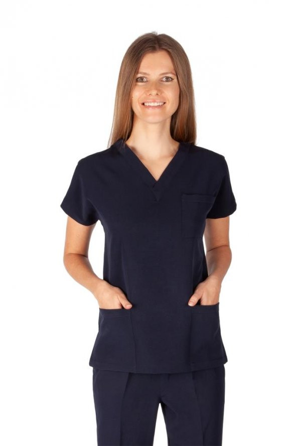 Kadın Doktor Hemşire Forması Scrubs Alpaka Kumaş Hastane Nöbet Tek Üst (V Yaka Dr Greys) - 3