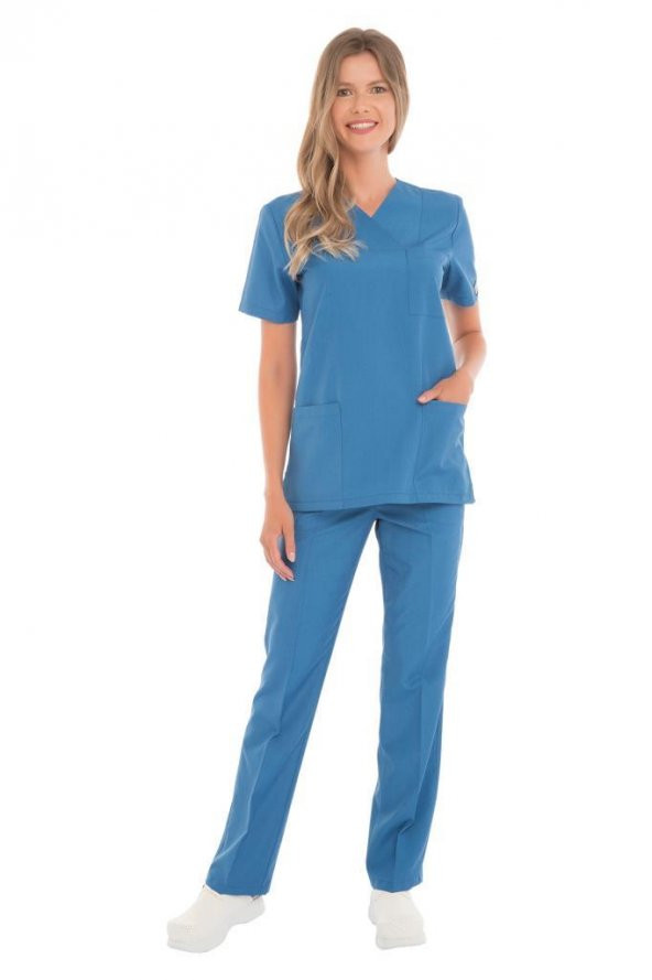 Kadın Doktor Hemşire Forması Scrubs Alpaka Kumaş Hastane Nöbet Takımı (Zarf Yaka Klasik Kol) - 11