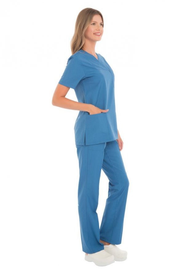 Kadın Doktor Hemşire Forması Scrubs Alpaka Kumaş Hastane Nöbet Takımı (Zarf Yaka Klasik Kol) - 12