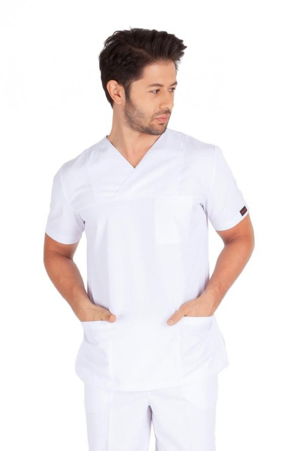 Erkek Doktor Hemşire Forması Scrubs Alpaka Kumaş Hastane Nöbet Tek Üst (Zarf Yaka Klasik Kol) - 10