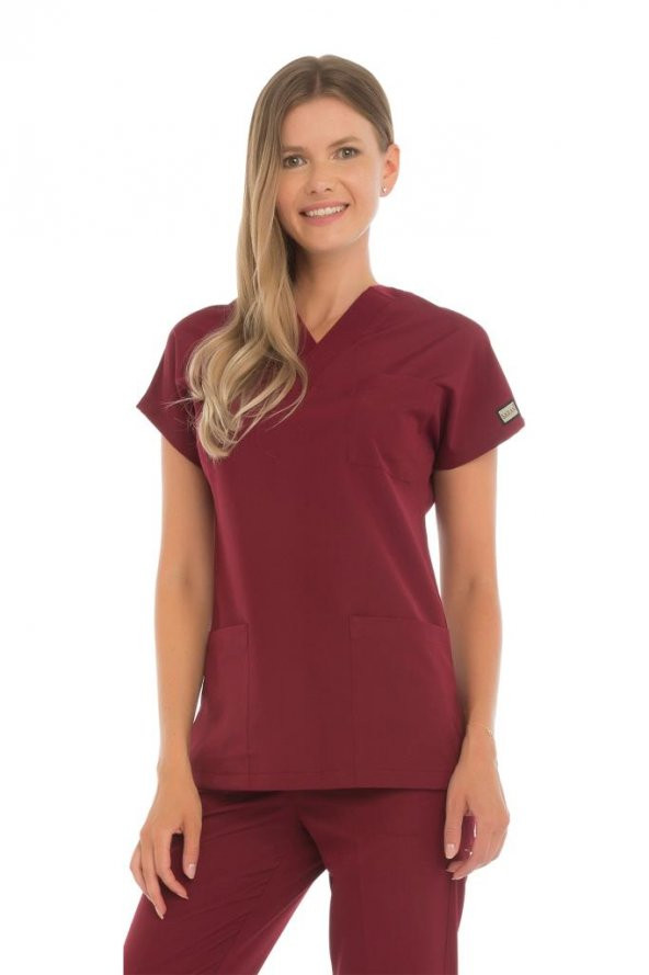 Kadın Doktor Hemşire Forması Scrubs Alpaka Kumaş Hastane Nöbet Tek Üst (V Yaka Dr Greys) - 10