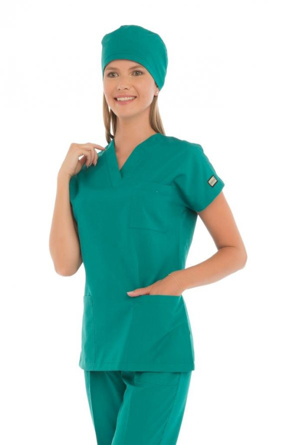 Kadın Doktor Hemşire Forması Scrubs Alpaka Kumaş Hastane Nöbet Tek Üst (V Yaka Dr Greys) - 12